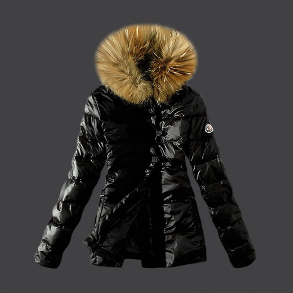 Moncler Donna Giù cappotto collo di pelliccia marrone Saldi M1092